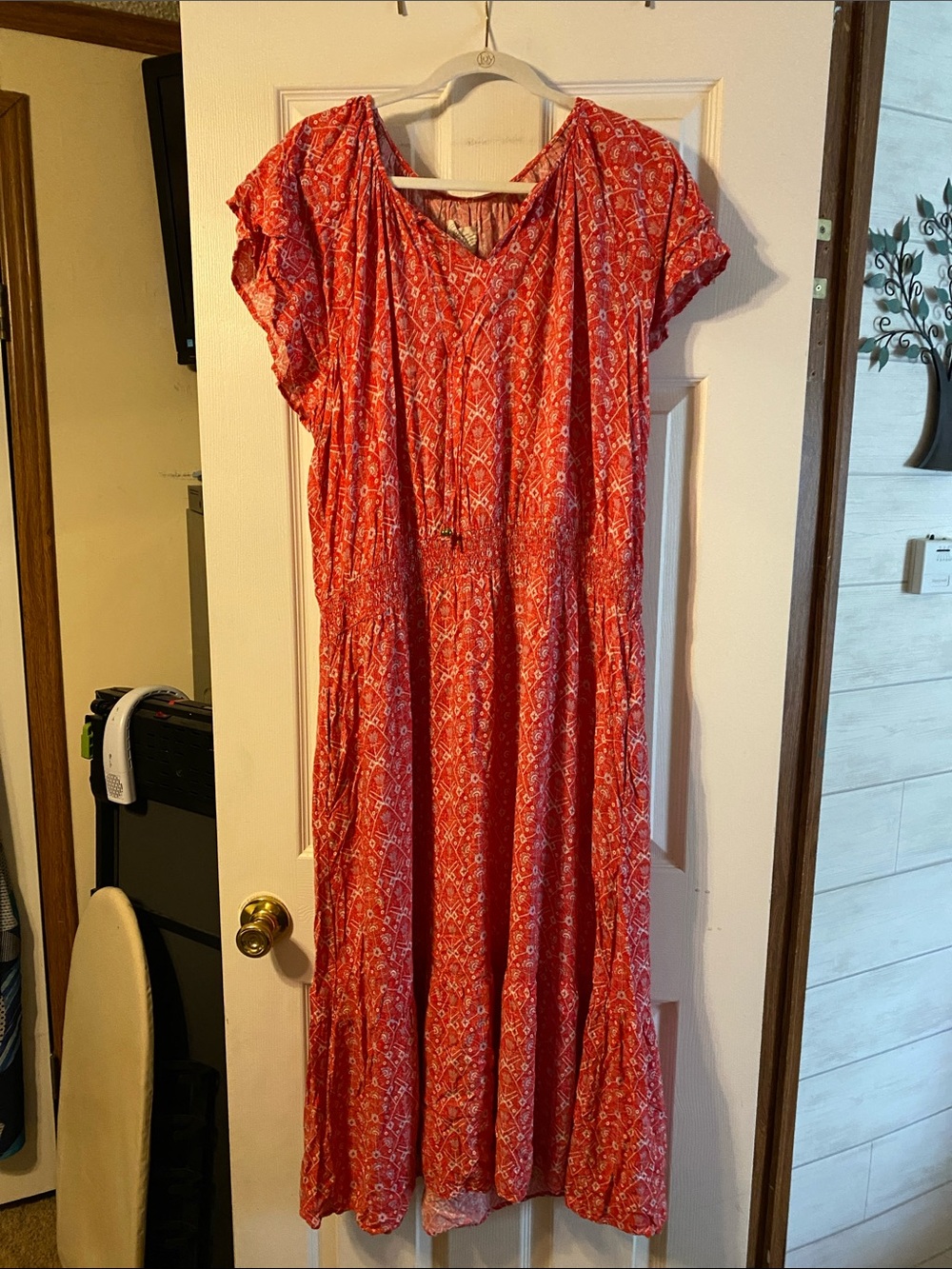 Red Patterned Midi Dress with Tie Neck